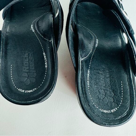 Rocky 4EurSole Sandals Black Leather Splendor Wedge Two Strap Slide Size 11.5 - Picture 7 of 13